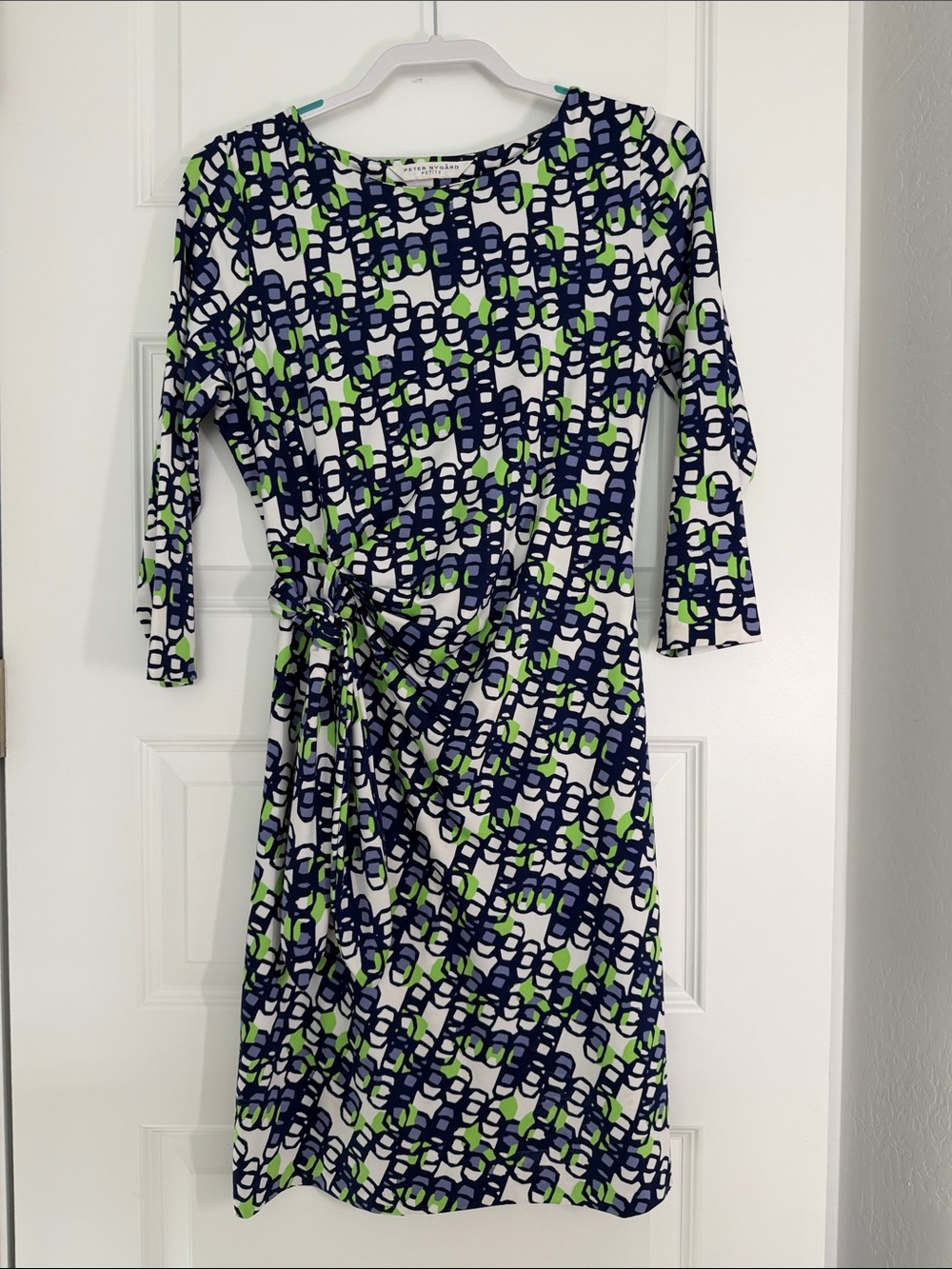 Peter Nygard Navy, White & Lime Twist-Waist Long Sleeve Dress